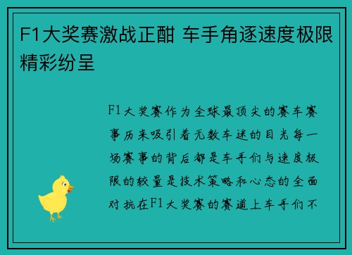 F1大奖赛激战正酣 车手角逐速度极限精彩纷呈